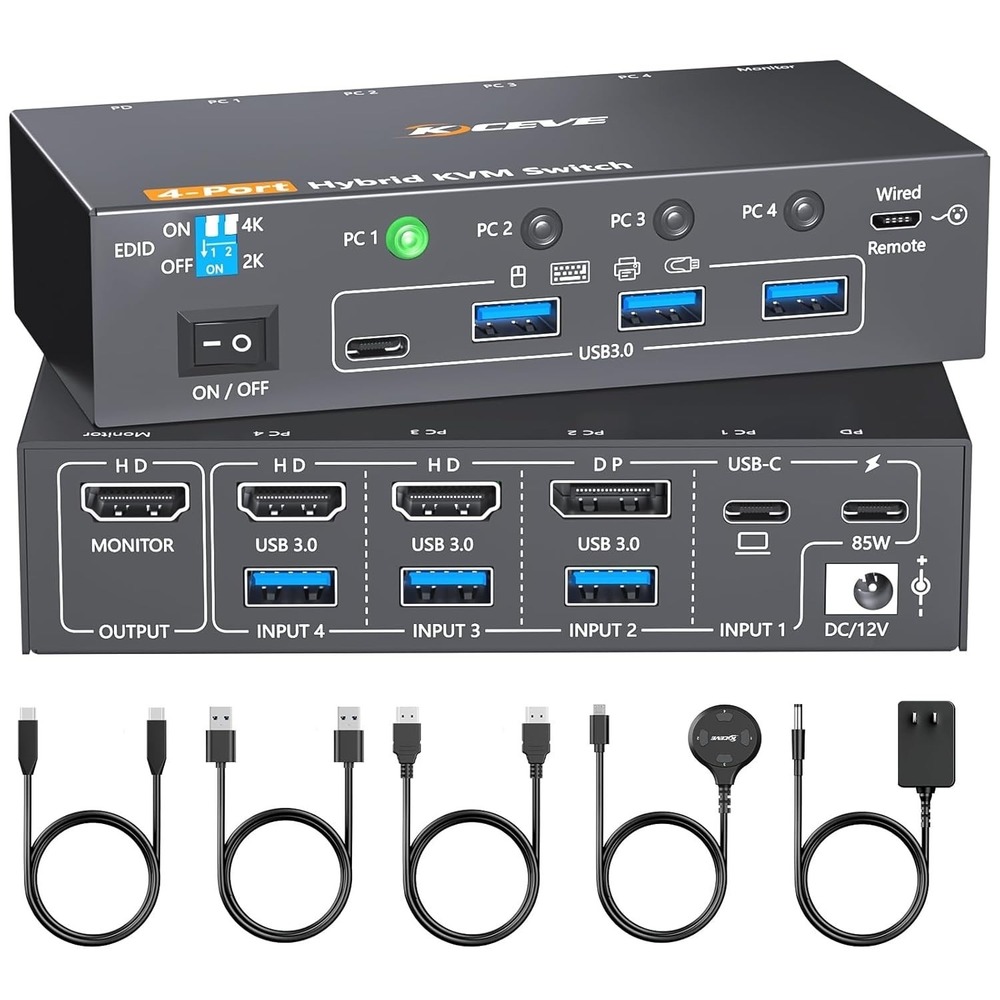 KCEVE 4K KVM‎ Switch 4 Computers 1 Monitor HDMI USB-C DP EDID USB 3.0 60H